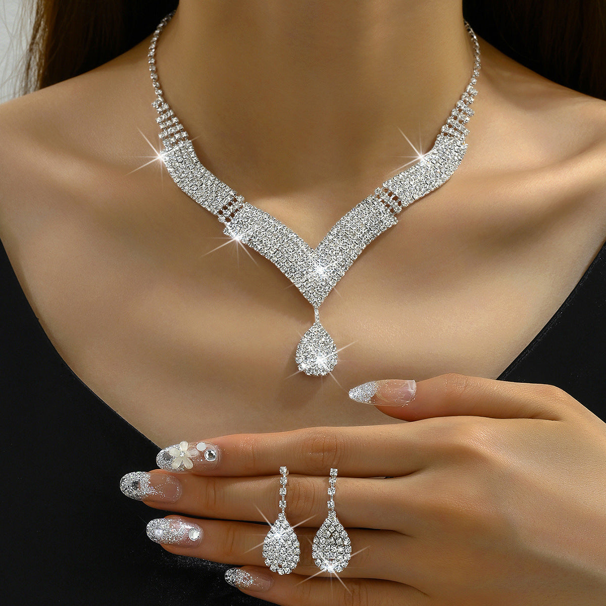 White Crystal V-Neck Bridal Jewelry Set for Women