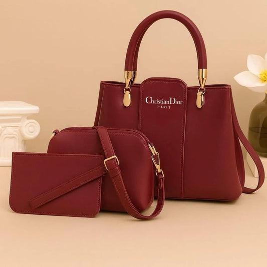 Elegant Red 3 Pcs Women's Handbag Set – Shoulder Bag, Crossbody & Wallet
