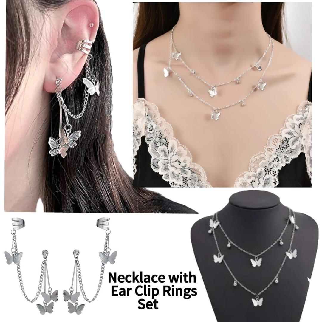 Butterfly Design Jewelry Set - 2 Pcs Adjustable Silver Plated Necklace & Ear Clip Earrings