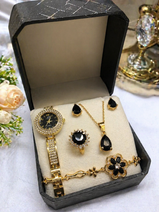 Women Luxury Jewellery Watch Set Gold Plated Black Stone
