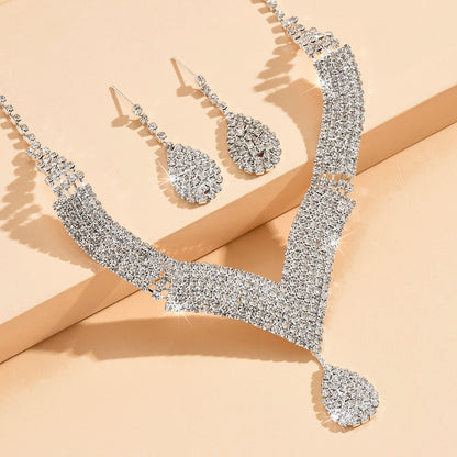 White Crystal V-Neck Bridal Jewelry Set for Women