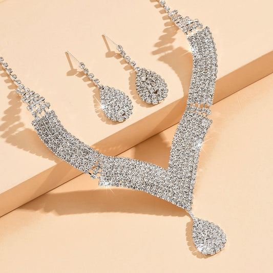 White Crystal V-Neck Bridal Jewelry Set for Women