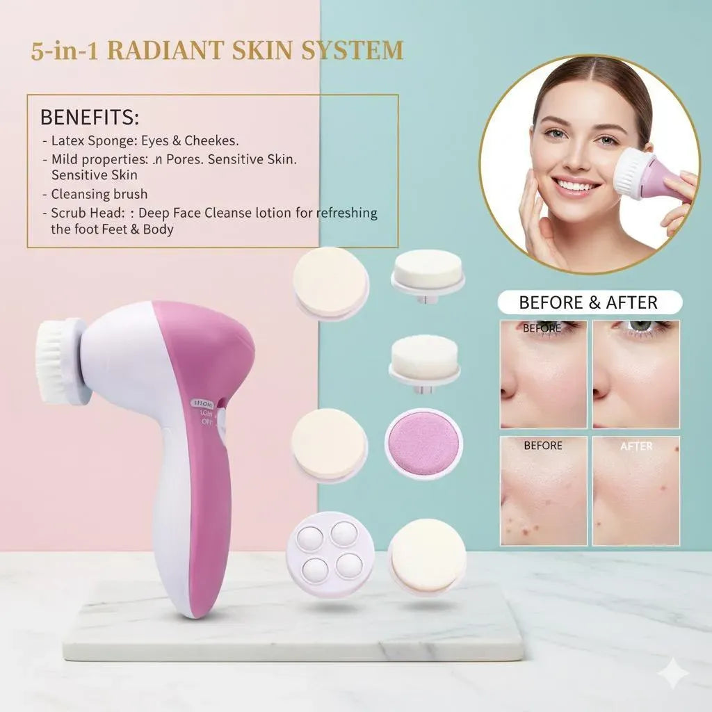 5 in 1 Electric Facial Cleansing Brush – Beauty Care Massager & Skin Care Kit