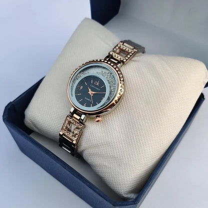 Women Quartz Watch with Crystal Bezel and Rose Gold Bracelet