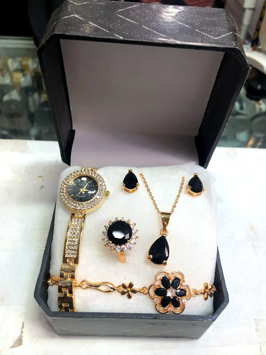 Women Luxury Jewellery Watch Set Gold Plated Black Stone